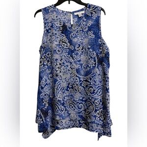 Fever Sheer Lined Sleeveless Top Blouse Large Handkerchief Hem Blue White Black